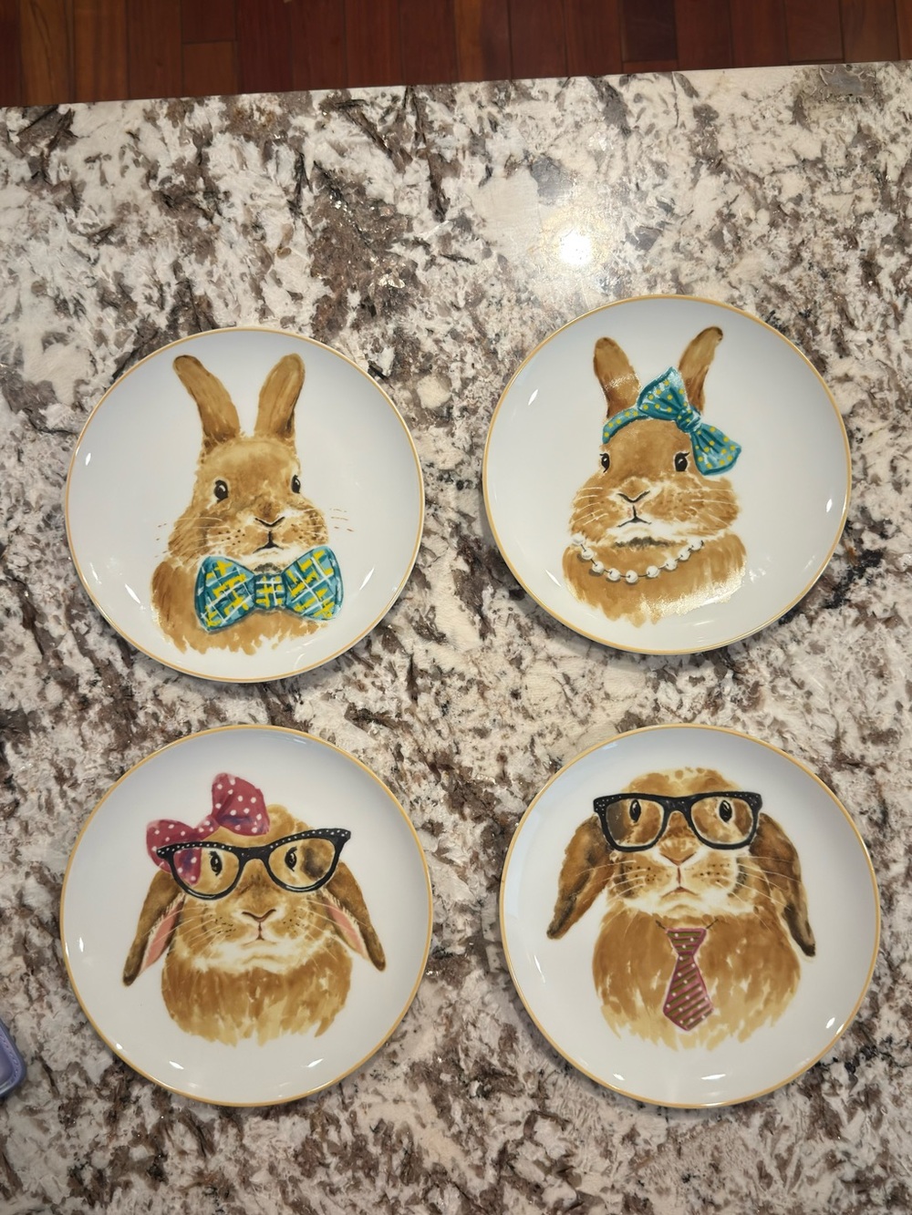 Pier 1 Bunny Accent Dessert Plates - Brown, Blue, Pink & Black